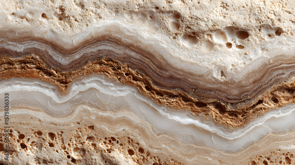 Obraz premium Natural travertine stone with light creamy beige layers in macro flatlay view