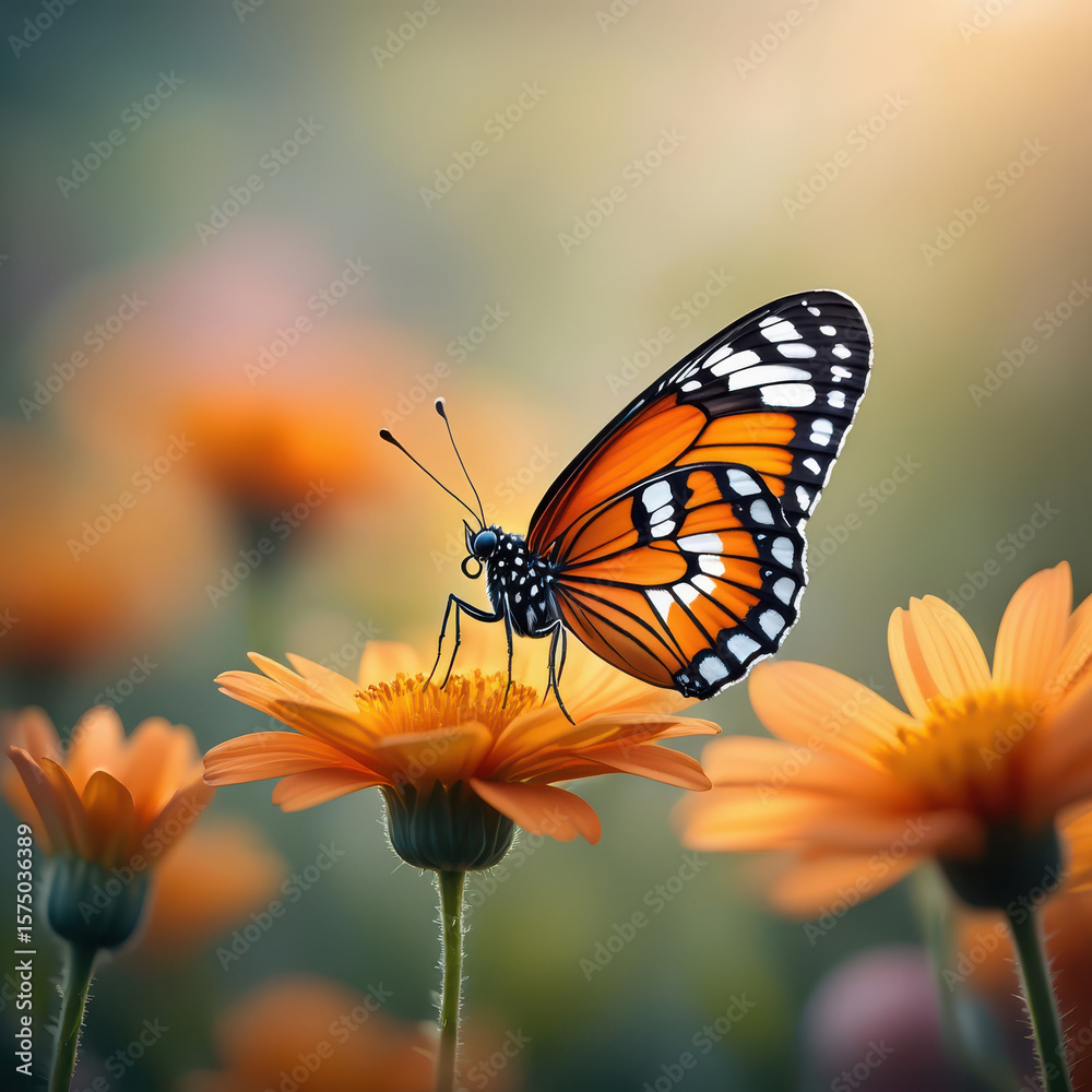 Fototapeta premium A monarch butterfly rests on an orange flower