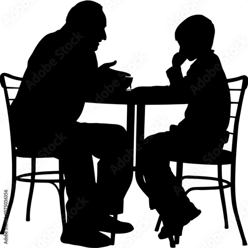 Silhouette of a quiet cafe moment between generations—older and younger figures facing each other at a round table, body language suggesting deep discussion. No background details, only essential tabl