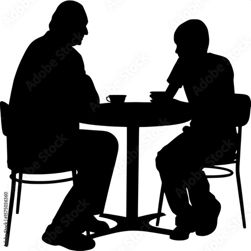 Silhouette of a quiet cafe moment between generations—older and younger figures facing each other at a round table, body language suggesting deep discussion. No background details, only essential tabl