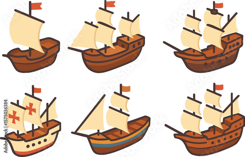 Colorful cartoon sailing ships collection