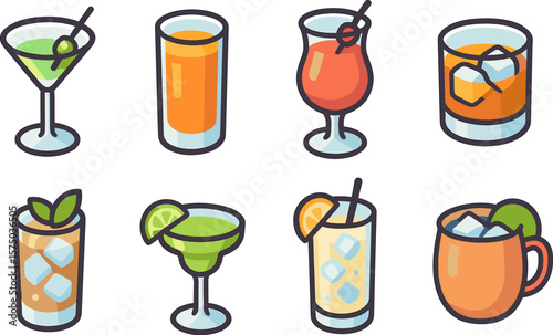 Colorful cocktail icons: flat glassware and drinks collection
