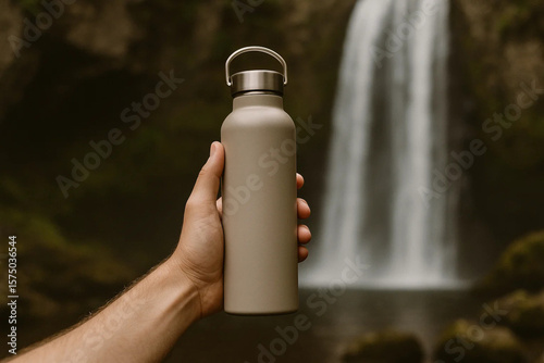hand holding water bottle in front of waterfall