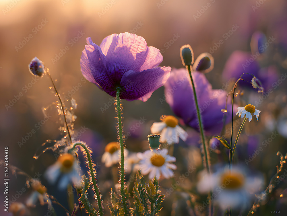 Obraz premium Purple poppy blooms gracefully in a dreamy meadow at dawn, with daisies bathed in the soft, golden morning light.