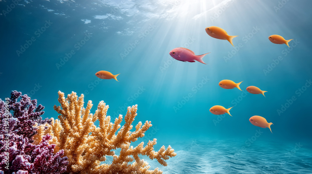 Fototapeta premium Vibrant underwater scene celebrating world oceans day with coral reefs and tropical fish