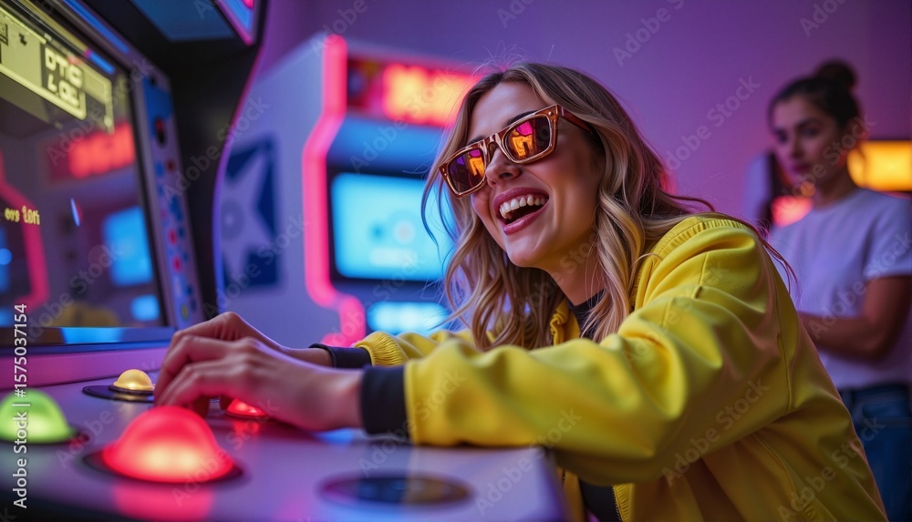 Obraz premium Smiling blonde woman enjoying retro arcade games in neon-lit gaming room with vibrant colors, fun concept of entertainment or gaming lounge