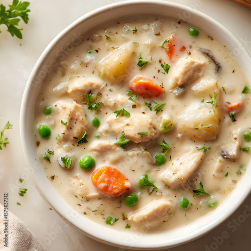 Warm, comforting chicken pot pie soup with peas, carrots, and potatoes in a creamy white bowl, perfect for a hearty meal.
