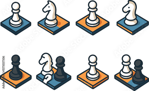 Isometric chess piece set on colorful platforms for game strategy