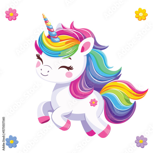 Very cute baby unicorn with beautiful bright colored hair on white background with flowers. Poster, banner, flyer, greeting card. Vector illustration in flat cartoon style