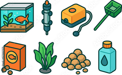 Aquarium essentials collection: fish tank, heater, air pump, net, food, plant, stones, conditioner