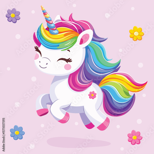 Very cute baby unicorn with beautiful bright colored hair on pink background with flowers. Poster, banner, flyer, greeting card. Vector illustration in flat cartoon style