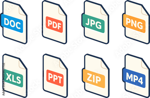 Isometric file icon set featuring doc, pdf, jpg, png, xls, ppt, zip, mp4 formats