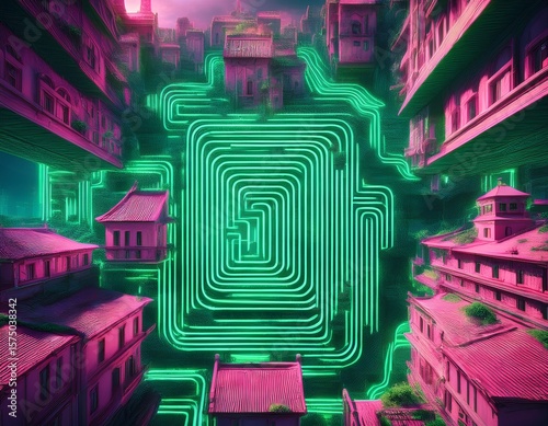 futuristic neon green labyrinth in the center of an old city with pink rooftops top view digital cyber maze mysterious urban landscape fantasy concept art