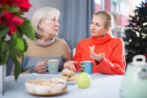 Mature mother and her adult daughter, who came to visit her for Christmas, drink tea and chat while sitting at a table in ..the room