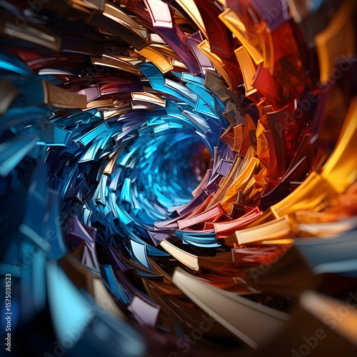 Colorful spiral tunnel made of metallic shards in red, orange and blue hues creating a 3D abstract pattern
