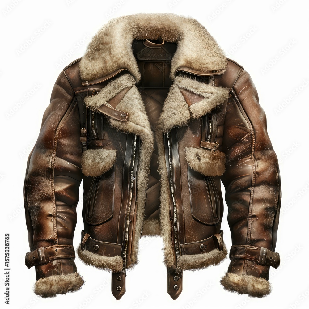 Fototapeta premium Brown leather and fur aviator jacket isolated on a white background, offering warmth and style for cold weather