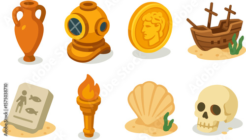 Isometric icons of ancient artifacts and nautical treasures
