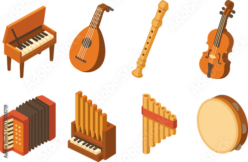 Isometric musical instruments collection with piano, violin, and more on white background