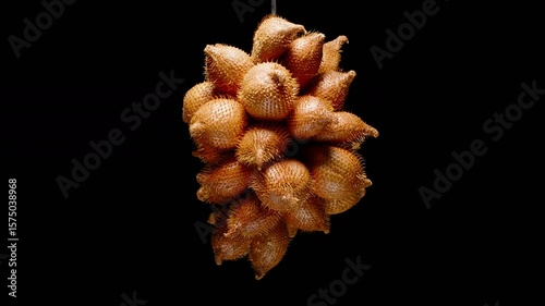 Cluster of ripe salak fruits rotating in a seamless loop against black background with dramatic lighting, shot in close-up, Exotic Fruit Concept