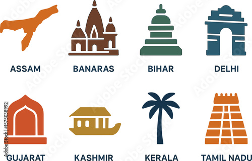 Minimalist icons of indian states and famous landmarks in monochrome style