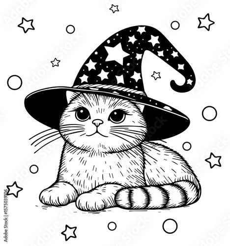 Cat with a hat, coloring children's page, vector. AI