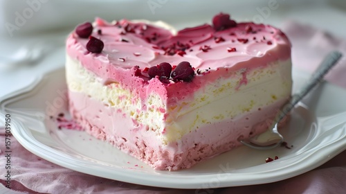 A heart-shaped dessert cake with layers of cream and raspberries, presented on a white plate.