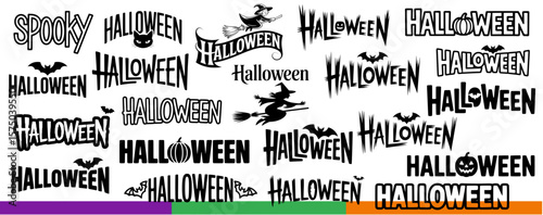 Large vector bundle of various Halloween typography and word art designs with bats, witches, and pumpkins for holiday projects