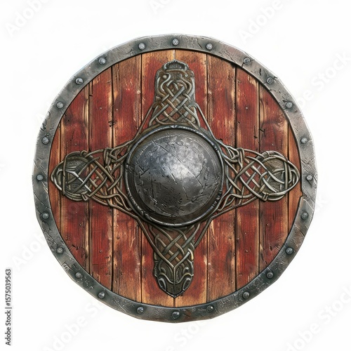Round wooden viking shield with metal decorations and celtic pattern isolated on white background