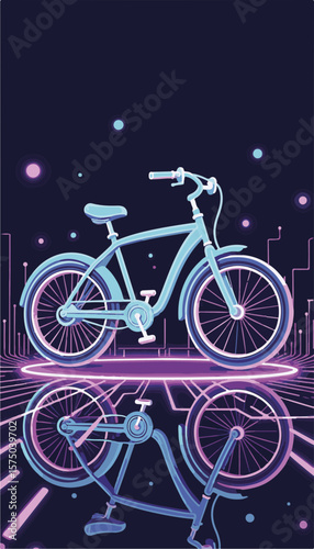 Futuristic bicycle with transparent wheels showcasing hover design over glowing circuit patterns, technological advancement and innovation concept.