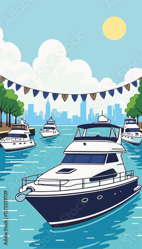 Illustration of a yacht floating calmly in a harbor surrounded by other yachts and decorative banners, summer leisure and yacht club concept.
