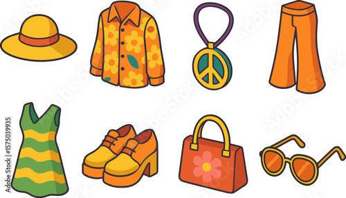 Retro fashion icons featuring 70s style outfits and accessories in colorful outline design