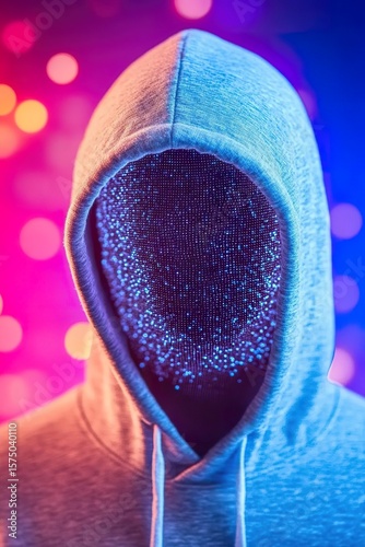 Anonymous person in hood with digital pattern face and colorful background