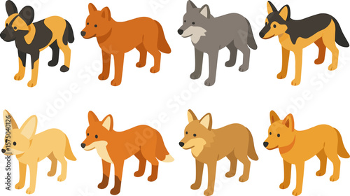 Isometric canine collection: diverse breeds in vibrant colors