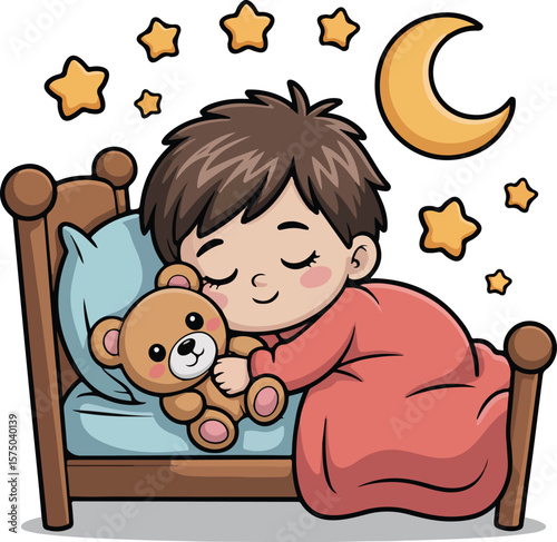 Cute sleeping boy with teddy bear under the stars and moon.