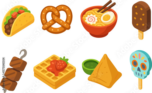 Colorful icon set of global street food: tacos, pretzels, ramen, and more