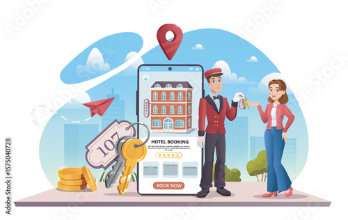 Hotel booking app with concierge help. Vector illustration