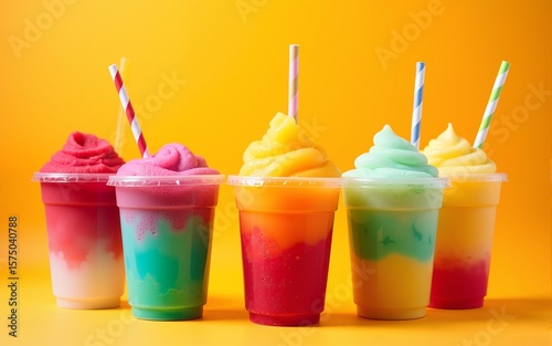 Vibrant fruity slushie drinks in colorful layers, displayed in clear cups against a bright orange background, perfect for summer refreshment. High quality