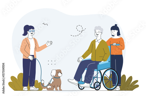 Friendly conversation with elderly man in wheelchair. Vector illustration