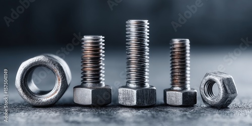Close-Up of Shiny Silver Bolts and Hexagonal Nuts in a Straight Line on a Gray Industrial Background

