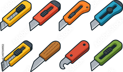 Collection of utility knives and box cutters with different designs and colors