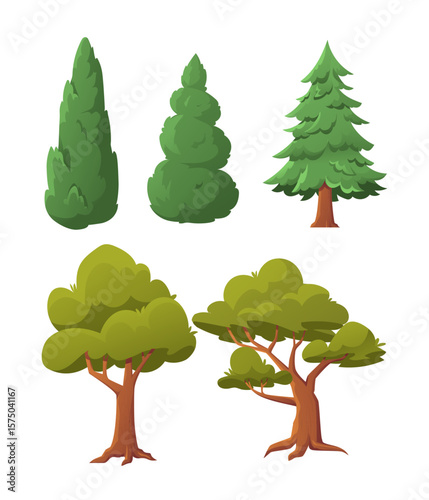 Cartoon green trees set collection. Vector illustration