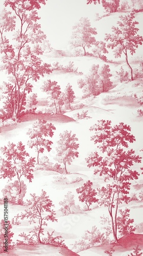 Red-printed wallpaper, forests, hills, elegant background. Possible use interior design