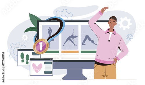 Man stretching near fitness computer screen. Vector illustration