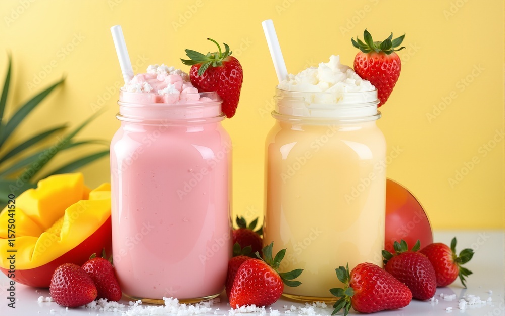 creamy strawberry mango and vanilla shakes, delicious drinks for summer. High quality creamy strawberry mango and vanilla shakes, delicious drinks for summer. High quality