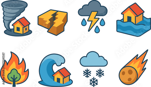 Natural disaster icons: tornado, earthquake, flood, storm, fire, tsunami, blizzard, meteor