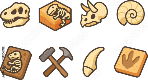 Cartoon fossil icons: dinosaur skulls, bones, and tools collection