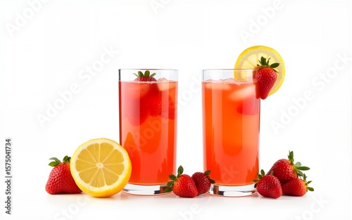 Wallpaper Mural Glasses with refreshing strawberry lemonade and strawberries on white background, summer fruit drinks concept. High quality Torontodigital.ca