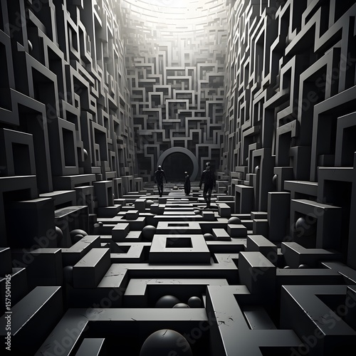Tall dark maze with geometric shapes and distant human figures
