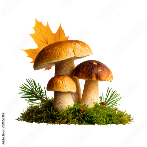 Porcini mushrooms cluster with moss and autumn leaf
