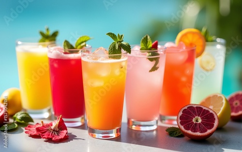 Wallpaper Mural Colorful array of summer mocktails with hibiscus and mint garnishes. High quality Torontodigital.ca